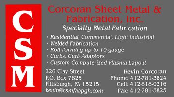 corcoran sheet metal fabrication inc clay street pittsburgh pa|Business Profile for Corcoran Sheet Metal Fab Inc .